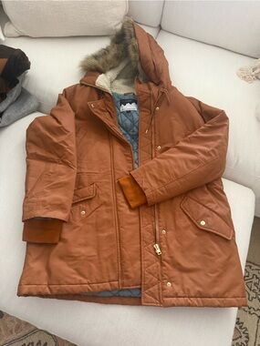 J.Crew Brown Quilted Parka Jacket with Faux Fur Trim